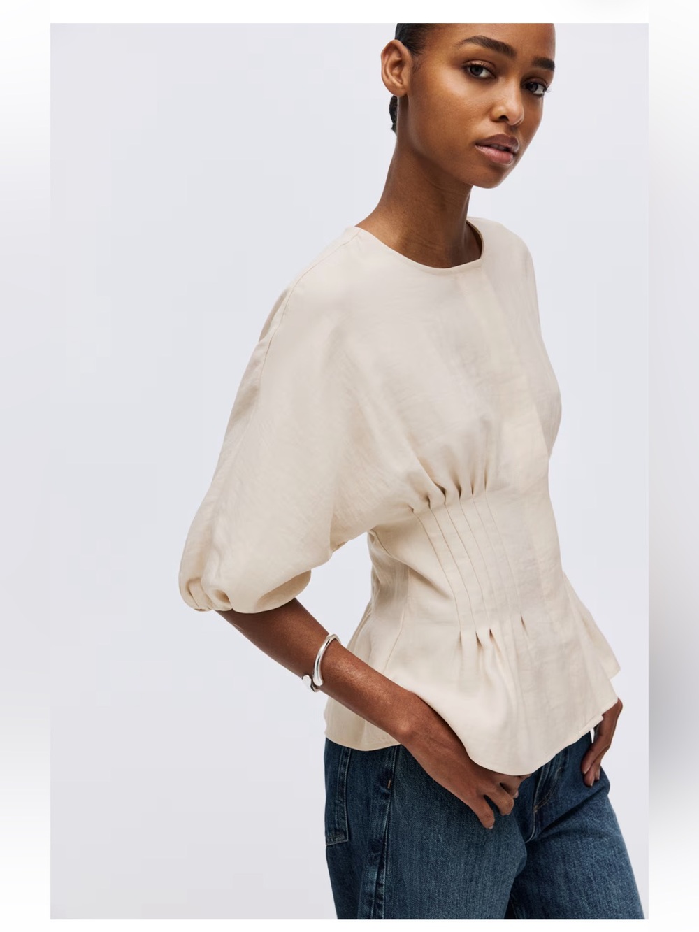 H&M Tapered Waist Cream Button Blouse NWT